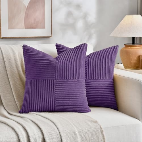 Fancy Homi 2 Packs Purple Decorative Throw Pillow Covers 20x20 Inch for Living Room Couch Bed, Farmhouse Boho Home Decor, Soft Corss Corduroy Patchwork Accent Square Cushion Case 50x50 cm - Image 5