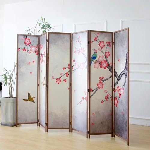 Furnnylane 6 Panel Room Divider for Room Separation, 5.6 ft Tall Double Sided Blackout Folding Privacy Screen for Home Office - Freestanding Partition with Magnolia and Plums Scenery (67" H x 94.5" W) by Furnnylane