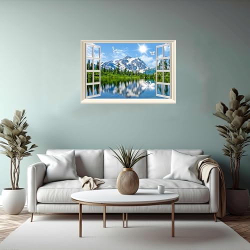 Fake Window Wall Decal- Summer Mountains Lake Open Wall Art Poster Sticker | Faux Window Blue Sky and White Clouds Natural Landscape Mural｜ Stick and Peel Decals｜for Room Decor｜48"x32",Set of 2 Sheets - Image 6