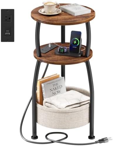Side Table with Charging Station, Small Round End Table with Basket by designyourhome