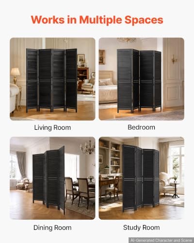 VEVOR Wood Room Divider 4 Panels 67 in Wood Folding Privacy Screen Black | for Room Separation & Home Decor, Solid Frame, 360° Two-Way Hinges, Easy Assembly, Louvered Wooden Partition with Hardware - Image 6