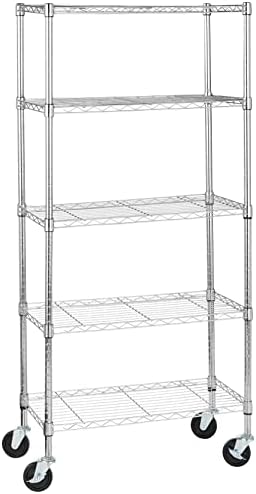 Amazon Basics 5-Shelf Adjustable, Heavy Duty Storage Shelving Unit on 4" Wheel Casters, Easy to Move Portable Wire Shelving, No Tools Needed for Easy Assembly, 30" x 14" x 64.8", Chrome by AmazonBasics