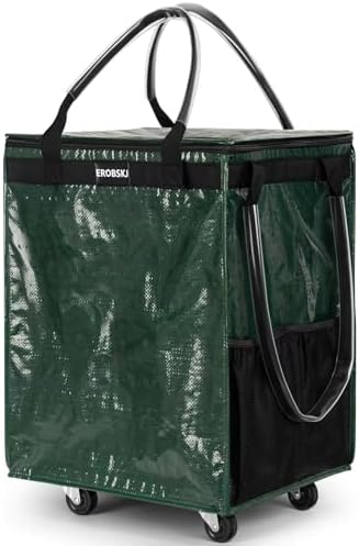 (Medium,Green) Reusable Grocery Bag on Wheels, Foldable Rolling Tote, Carries Up to 66 lbs Shopping Trolley, Zipper Clouser Shopping Carts for Trips, Laundry, 4 Heavy Duty Wheels and 3 Handles by EROBSKJ
