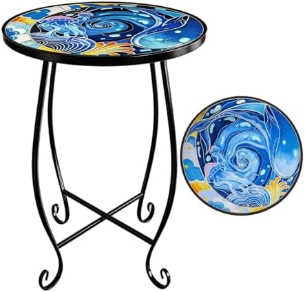Small Mosaic Outdoor Side Table, 10-Inch Round Metal Patio Table by Unknown