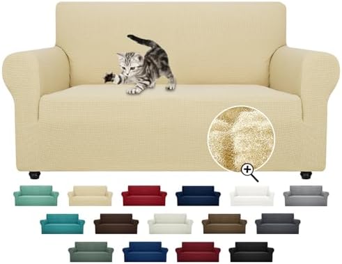 ZNSAYOTX Super Stretch Couch Cover Love Seat Sofa Covers for Living Room Dogs Pet Friendly Furniture Protector Spandex Loveseat Slipcovers with Anti Slip Foam Sticks (Beige, Medium) by ZNSAYOTX