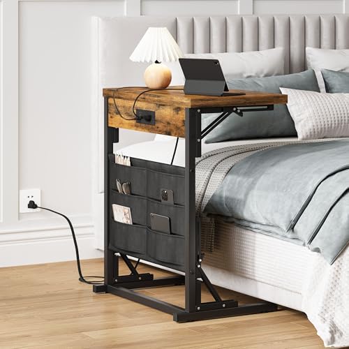 Foldable C-Shaped Table with Charging Station, Folding TV Tray End Table for Small Space, Portable Side Table for Couch, C Table with Storage Bag for Sofa Living Room, Bedroom Rustic Brown SC-005R - Image 4