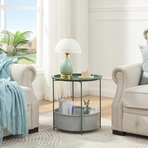 VECELO Round Side/End Table with Fabric Storage Basket，Metal Anti-Rust and Waterproof Small Bedside Nightstand with Removable Tray Top for Living Room，Balcony & Laundry，Dark Green /2pcs with Basket - Image 6