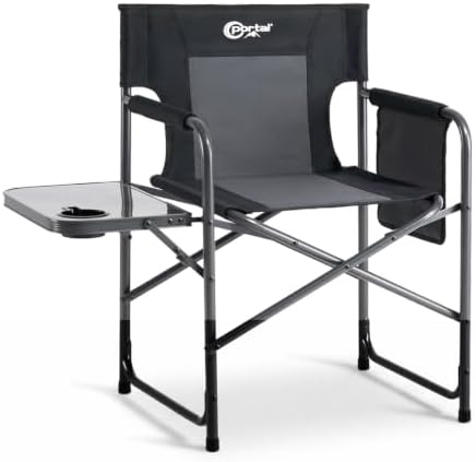 Portal Directors Chair Camping Chairs for Adults with Side Table Folding Lawn Chairs for Adults, Directors Chairs Foldable for Outdoor Chairs for Beach, Travel, Heavy Duty Supports 300LBS, Black/Grey by PORTAL