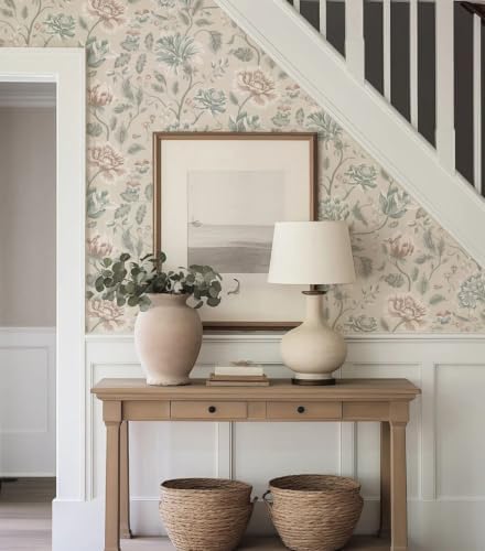 Vintage Floral Peel and Stick Wallpaper, Blue Taupe Neutral Botanical Wall Mural, Removable Self Adhesive Wall Paper for Bedroom Accent Wall, Living Room, Bathroom, Farmhouse Home Decor 17.3"x78.74" - Image 2