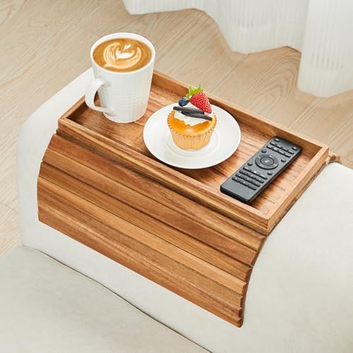 GEHE Acacia Wood Sofa Arm Tray, Foldable Couch Arm Tray Side Table, Anti-Falling Armrest Tables Cup Holder for Snacks, Drinks, Beers, Phone, Control, Flexible and Portable, Anti-Slip by GEHE