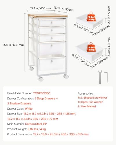 VEVOR Rolling Cart with Drawers, 5 Drawer Storage Organizer, Mobile Utility Cart with Wood Top, Steel Frame, Universal Casters & 2 Brakes, for Office, Classroom, Craft Supplies, Bedroom, Makeup, White - Image 7