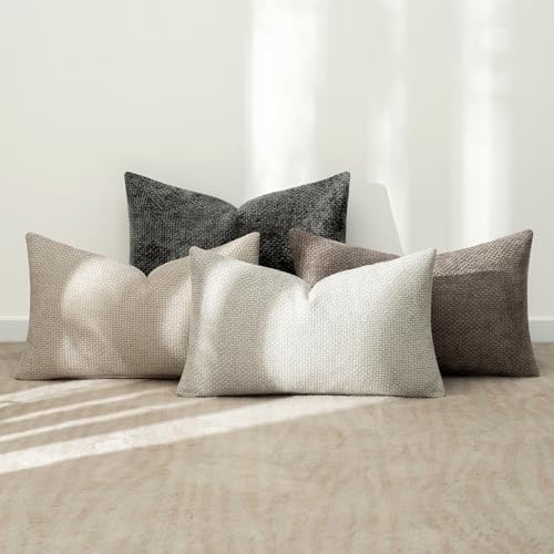 MIULEE Decorative Chenille Lumbar Pillow Covers Neutral 12x20 Pack of 4 - Image 3
