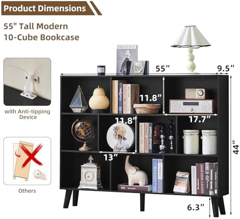 LEYAOYAO 10 Cube Bookshelf, Mid-Century Modern Book Shelf with Legs, Black - Image 2