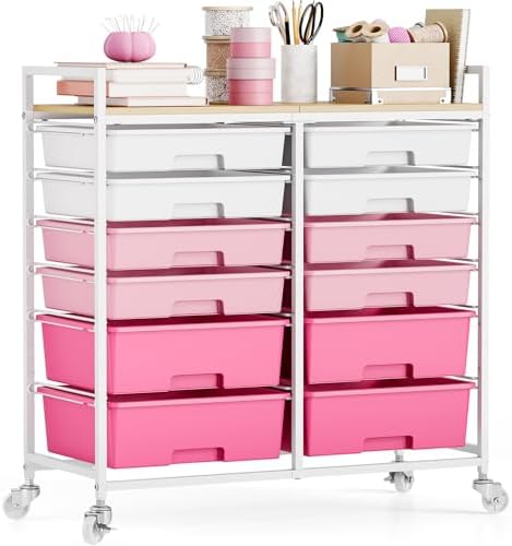 TOOLF 12 Drawers Rolling Storage Cart with Wooden Top for Classroom,Pink by TOOLF