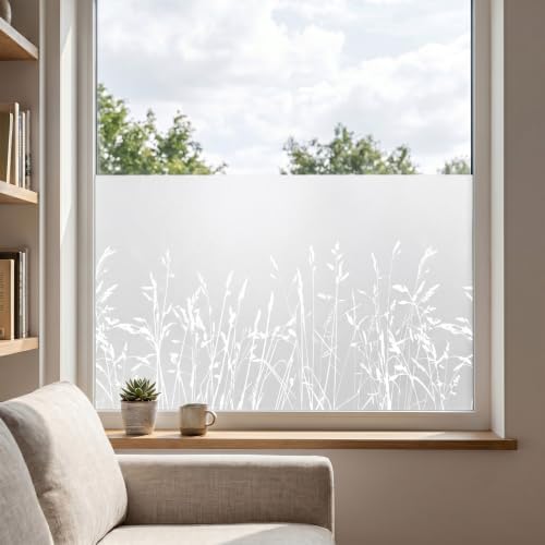 Static Cling Privacy Window Film, 78" x 17" Frosted Glass Covering with Wildflower & Botanical Patterns, Removable No Glue Window Film for Home Bathroom Bedroom Office (Minimalist Wild Grass) by TAMHOO