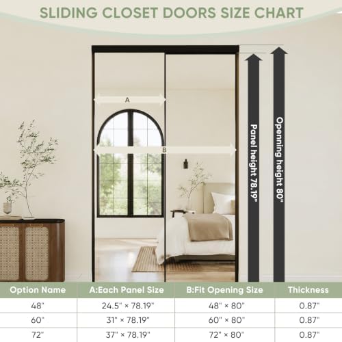 JUBEST 60x80 Mirrored Closet Door, 2-Panels Steel Frame Sliding Mirror Door Top & Bottom Track Kits, One Side Full-Sized Mirror with Safety Backing, Easy to Install, Black - Image 2