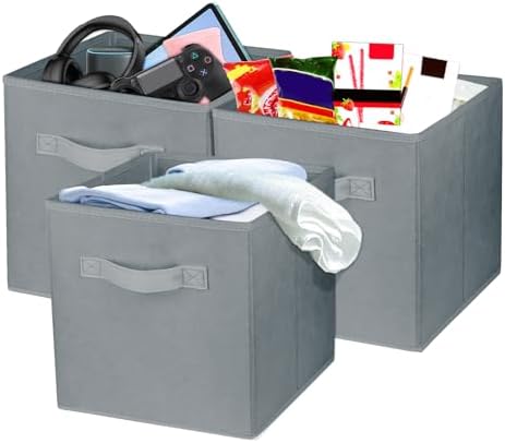 3 Pcs Storage Cubes, 10.5 Inch Collapsible Storage Bins, Fabric Foldable Bins for Organization, Durable Storage Bins for Closet, Shelves, Offices (Grey) by Zuihug