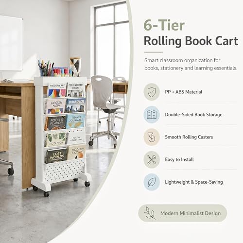 6-Tier Rolling Bookshelf Magazine Rack with Wheels White - Image 4