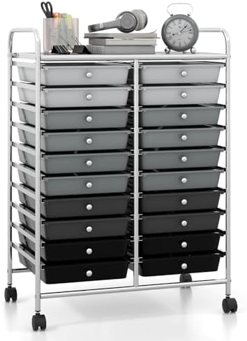 Giantex 20 Drawers Rolling Cart, Mobile Storage Drawer Cart, Classroom Organizer Cart for Office School Supplies Teacher Tools Paper Craft Small Printer, Utility Cart on Wheels, Gradient Grey by Giantex