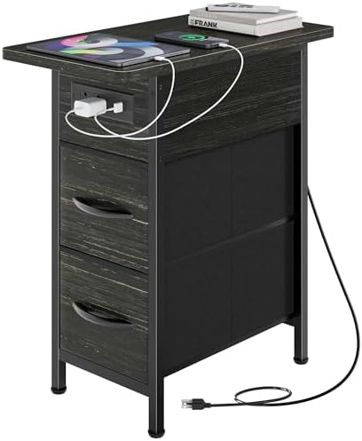 Huuger Narrow End Table with Charging Station, Side Table with 2 Drawers by Huuger