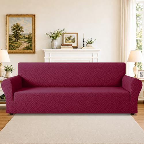 ZNSAYOTX 1 Piece Stretch Oversized Sofa Covers (91"-112"), New Plaid Couch Cover with Non-Slip Buckle for Dog Pets, Ultimate Soft Cozy Washable X-Large Sofa Slipcover Form Fit Protector, Wine Red - Image 2