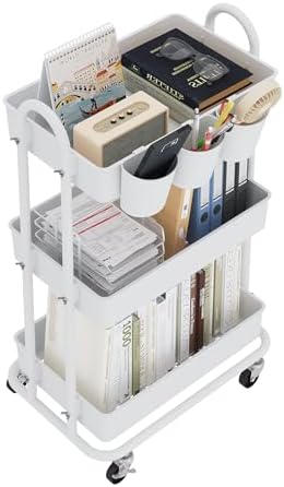 3-Tier Utility Cart with Wheels, Rolling Cart with 3 Hanging Baskets, Storage Shelves, Multi-Functional Organizer Cart for Bathroom, Office, Kitchen, White by Boeeoan
