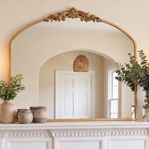 PERFNIQUE Vintage Mirror, 36" X 30" Gold Arched Antique Baroque Mirror by PERFNIQUE
