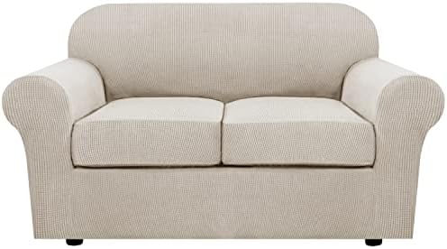 H.VERSAILTEX 3 Piece Stretch Sofa Covers for 2 Cushion Loveseat Couch Covers for Living Room Furniture Cover (Base Cover Plus 2 Seat Cushion Covers) Thicker Jacquard Fabric(Medium, Island Fossi) by HVERSAILTEX