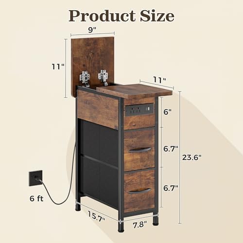 Huuger Narrow End Table with Charging Station, Side Table with 2 Drawers - Image 3