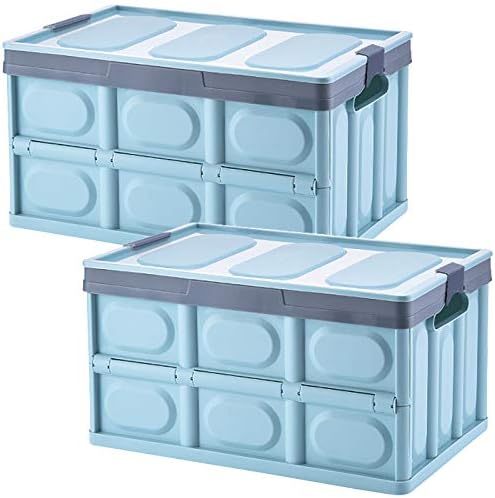Lidded Storage Bins 2 Pack 30L Collapsible Storage Box Crates Plastic Tote Storage Box Container Stackable Folding Utility Crates for Clothes, Toy, Books ,Snack, Shoe, and Grocery Storage Bin-Blue by jocabo