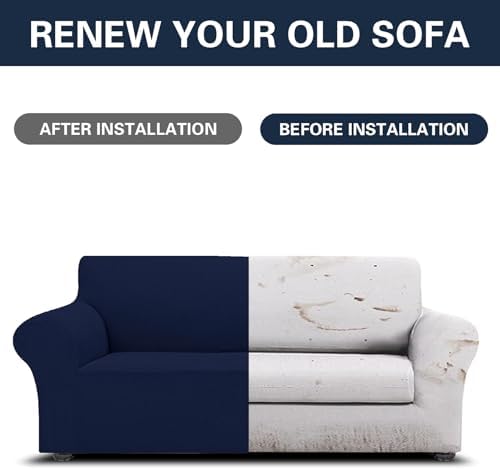 Cupuamon 2026 New Stretch Oversized Sofa Slipcovers Couch Sofa Cover for 4 Seater Furniture Protector Covers with Elastic Bottom Jacquard Fabric Small Checks for Pets, Kids - Navy - Image 5