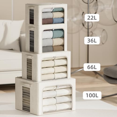 4 Pack Clothes Storage Bins with Metal Frame - 100L Stackable Storage Box with Lid，Foldable Storage Container Organizer for Clothes，Linen Fabric Storage Box with Clear Window＆Zippers＆Handles - Image 5