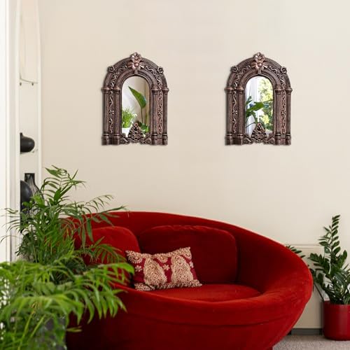 2 Set Wood Carved Window Mirrors 3D Relief Arched Wall Decor Roman Column Antique Home Accent Small Decorative Mirrors for Living Room, Bathroom, Entryway - Image 2