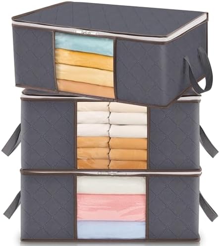 Lifewit 3 Pack 35L Clothes Storage Bins with Lids, Foldable Blanket Storage Bags with Zippers, Clear Window and Reinforced Handles, Closet and Organization for Clothing, Sweater, Comforter, Bedding by Lifewit