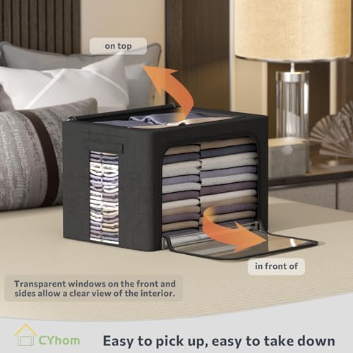 CYhom Extra Large Clothes Storage Bins Box - Linen Fabric Foldable Stackable Container Organizer Set with Clear Window & Carry Handles & Metal Frame (Black, Extra Large-100L) - Image 2