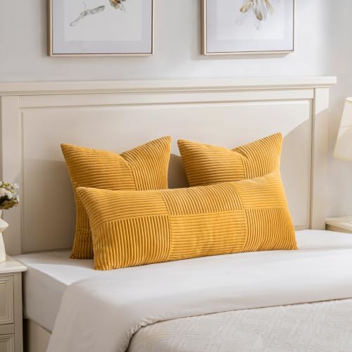 Fancy Homi Set of 2 Gold Yellow Boho Long Lumbar Body Decorative Throw Pillow Cover 14x36 Inch for Bed Couch Bedroom Bench, Soft Patchwork Corduroy Textured Pillow Case, Rustic Farmhouse Room Décor - Image 2