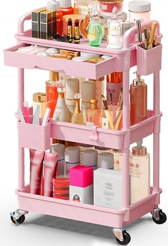 SUNALLY Makeup Cart Organizer with Drawer, 3 Tier Rolling Makeup Cart, Pink by SUNALLY