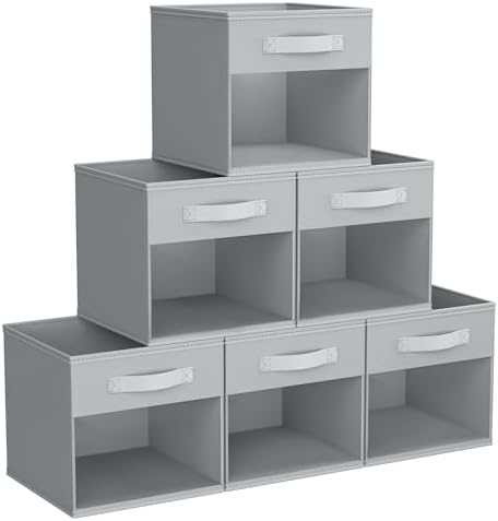DIMJ Storage Cubes, 11x 11 inch Cube Storage Bin, 6 Pack Closet organizers and storage Bins with Window, Collapsible Baskets with Handle for Shelves, Clothes, Toys, Books (Grey) by DiMJ