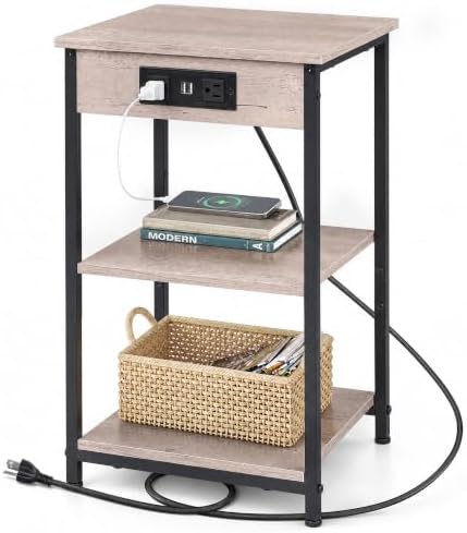 WLIVE Grey End Table with Charging Station, Small Night Stand by WLIVE