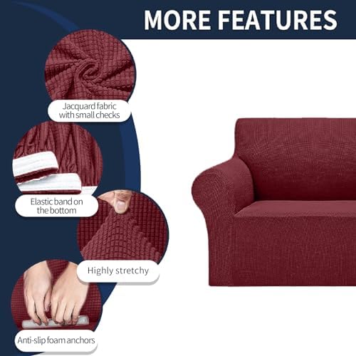Cupuamon 2026 New Stretch Loveseat Sofa Slipcovers Couch Cover for 2 Cushion Furniture Protector Sofa Covers with Elastic Bottom Jacquard Fabric Small Checks for Pets, Kids - Dark Red - Image 4
