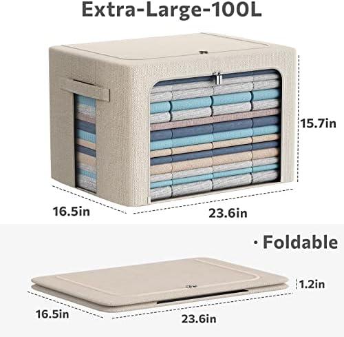 CYhom 3Pack Foldable Storage Bins - Frame Storage Box Linen Fabric Stackable Clothes Container Organizer with Clear Window & Carry Handles Large Capacity (Extra Large-100L, Beige) - Image 5