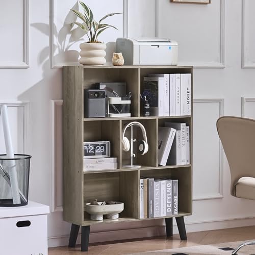 LEYAOYAO Cube Bookshelf, Mid-Century Modern Book Shelf with Legs,Retro Grey - Image 2