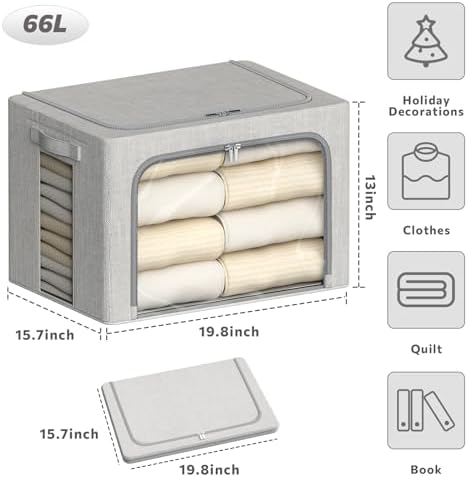4 Pack Clothes Storage Bins with Metal Frame - 66L Stackable Storage Box with Lid，Foldable Storage Container Organizer for Clothes，Linen Fabric Storage Box with Clear Window＆Zippers＆Handles - Image 4