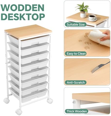 Ekisemio Rolling Cart with 8 Drawers, Storage Drawers Cart with Wooden Tabletop and Lockable Wheels, Utility Cart for Living Room, Office, Classroom, Craft Room, White - Image 5