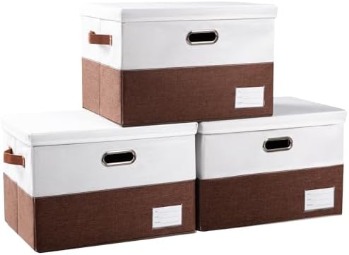 PRANDOM Foldable Storage Bins with Lids [3-Pack] Fabric Collapsible Storage Boxes Baskets Cubes Containers with Handles for Closet Living Room Bedroom (Brown & White 17.7x11.8x11.8'') by Prandom