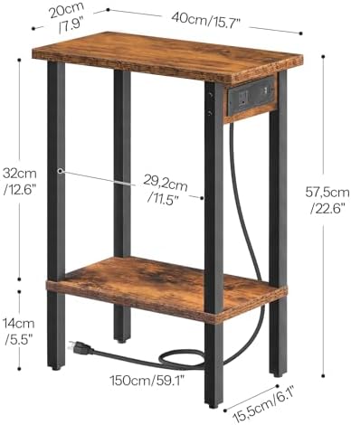 HOOBRO Narrow Side Table, 2-Tier Slim End Table with Charging Station, Skinny Nightstand with Open Storage, for Small Spaces, Living Room, Bedroom, Study, Rustic Brown and Black BF240UBZ01 - Image 3