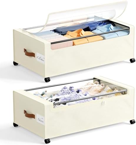 Yecaye 95L Under Bed Storage Containers, Fits 11" Under Bed, 2 Pack, Beige by Yecaye