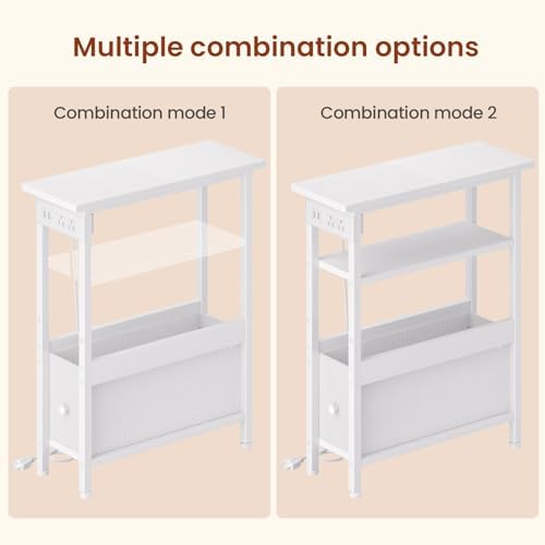 Narrow White Side Table with Charging Station and LED Light, End Table - Image 5