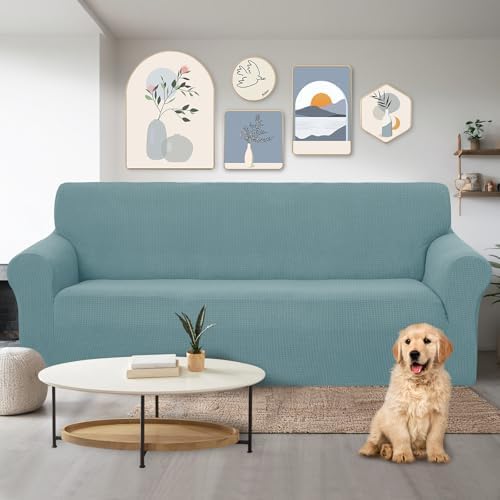 U-NICE HOME Stretch Couch Cover Slipcover for 3 Cushion Sofa, Light Blue - Image 2