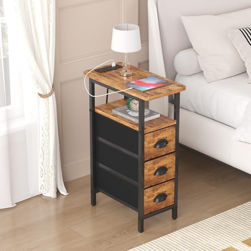 sthmec End Table with Charging Station,Narrow Side Tables with USB Ports and Outlets,Skinny Bedside Tables with 3 Drawers,Small Nightstands for Small Space,Slim Sofa Table for Livingroom,Rustic Brown - Image 6